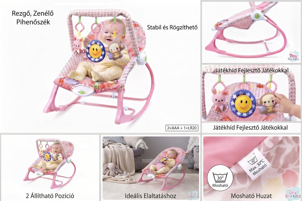 Rezgő, zenélő pihenőszék 18kg-ig, rózsaszín