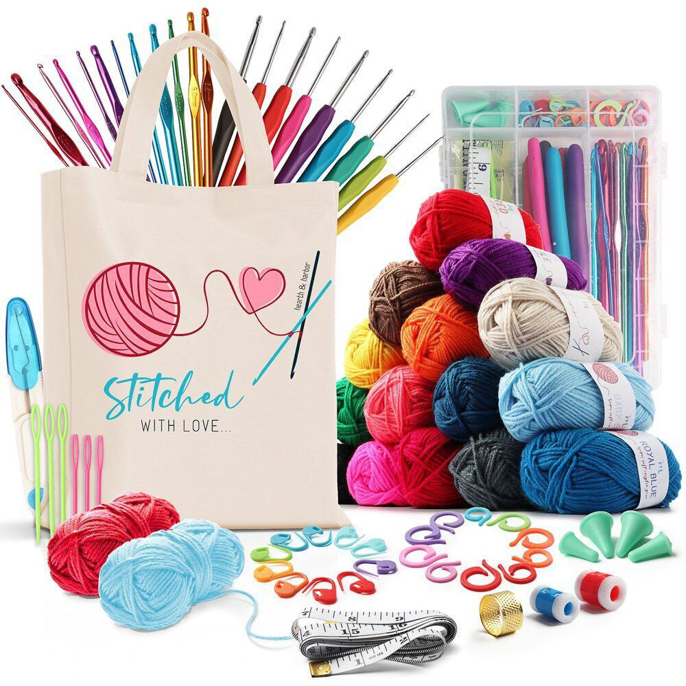 Crochet kit with colorful yarns and accessories in a gift shoulder bag